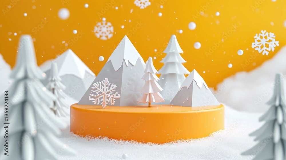 Miniature snow covered mountains, trees, and a snowflake on an orange base.