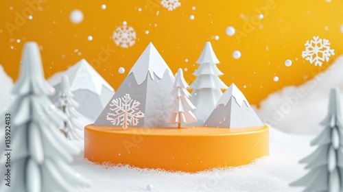 Obraz na płótnie Miniature snow covered mountains, trees, and a snowflake on an orange base. w salonie