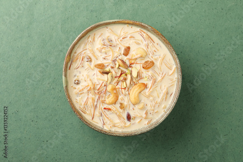 Semiya or vermicilli kheer with cashew nuts, saffron, raisins and almonds
