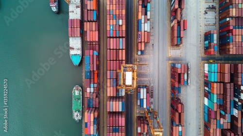 Aerial View of a Busy Cargo Port: Containers, Ships, and Cranes