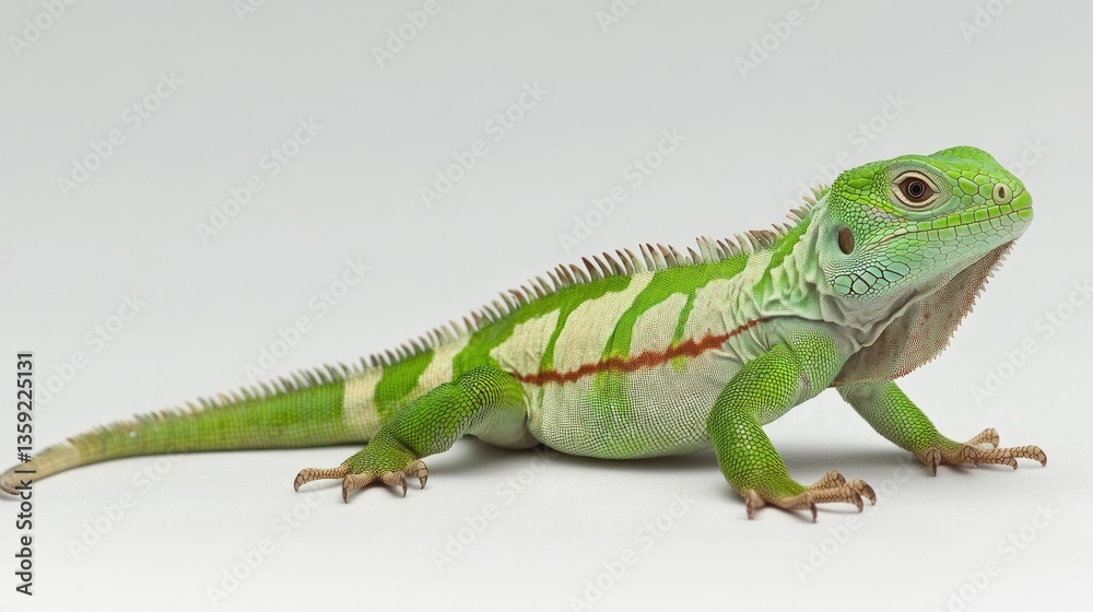 Fototapeta premium Brachylophus Fasciatus or Lau Banded Iguana in Green Terrarium at Lodz Zoo