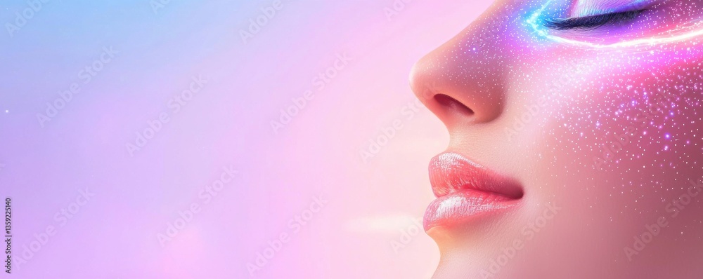 Glowing Particle Adorned Woman Profile Pastel Background Glowing Particle Adorned Woman Profile Pastel Background