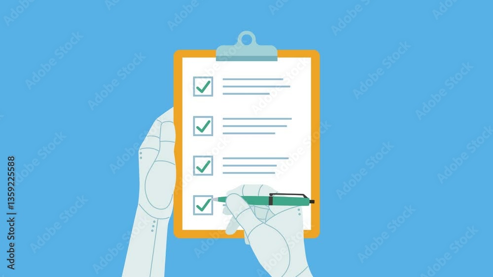 A checklist filled out by an AI robot. The checklist held by the robot appears on the screen, similar to a hand with a pen. The squares are then marked one by one. Animation of a flat design.