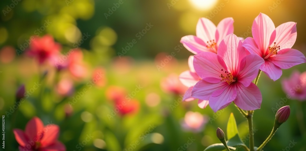 Obraz premium Beautiful pink flowers blooming in a vibrant garden on a sunny summer day, pink, summer