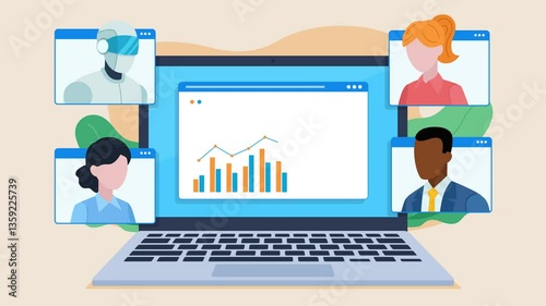 A website with an animated line graph appears on the laptop screen. Tiles with images of employees appear around the laptop. One of the employees is an AI bot.