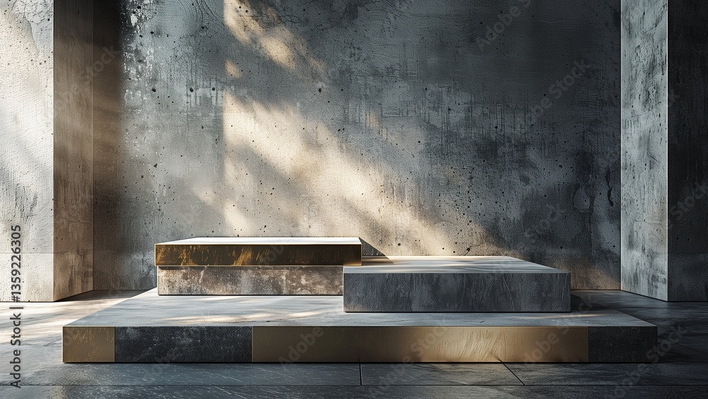 Hyper-realistic 3D render of a minimalist concrete platform with geometric cutout and ocean view in grayscale Hyper-realistic 3D render of a minimalist concrete platform with geometric cutout and ocean view in grayscale