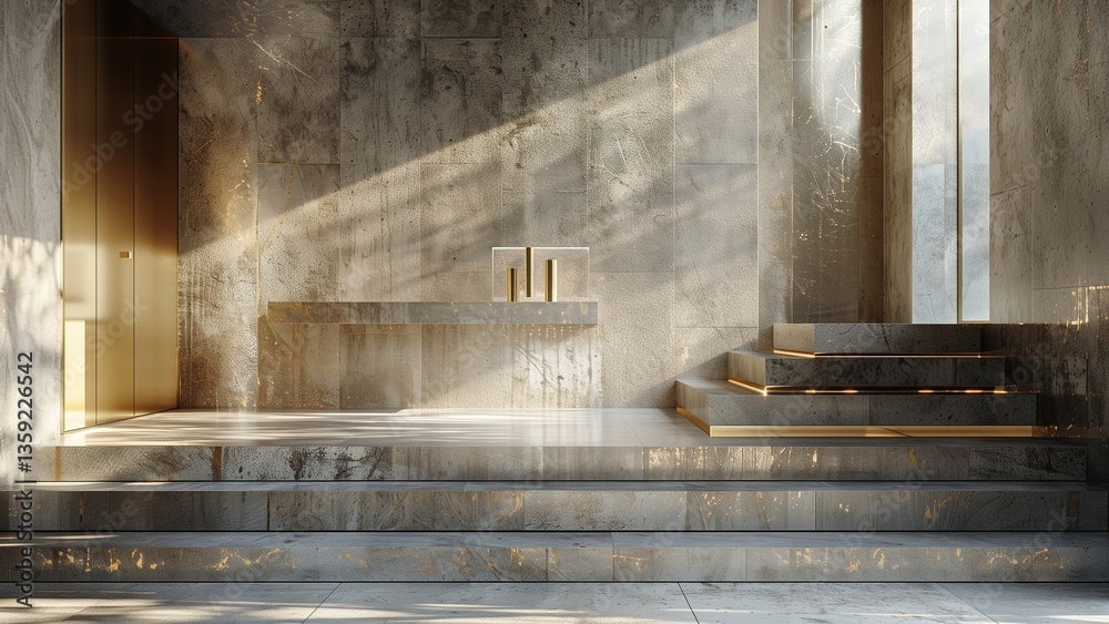 Hyper-realistic 3D render of a minimalist concrete platform with geometric cutout and ocean view in grayscale Hyper-realistic 3D render of a minimalist concrete platform with geometric cutout and ocean view in grayscale