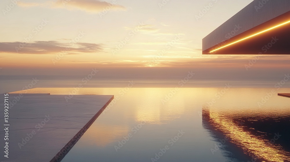 Fototapeta premium Contemporary villa featuring a glowing infinity pool at sunset, warm golden light casting soft shadows on clean architectural lines, tranquil ocean view in the background.