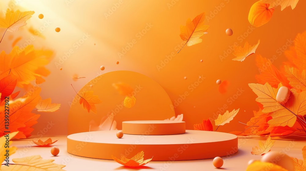 Two-tiered orange platform is surrounded by falling autumn leaves and spheres in a warm