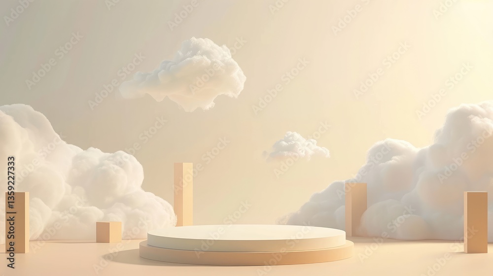 Minimalist product display with a two-tiered round platform surrounded by fluffy clouds under a soft light.