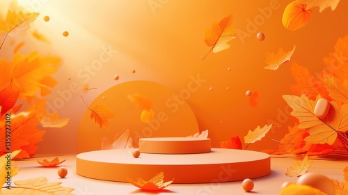Obraz na płótnie Two-tiered orange platform is surrounded by falling autumn leaves and spheres in a warm w salonie
