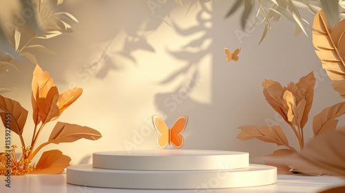 Obraz na płótnie Minimalist Product Display with a two tiered white platform and Butterflies and Beige Botanical Display Platform w salonie