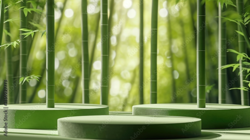 Three circular green platforms are shown within a bamboo forest backdrop