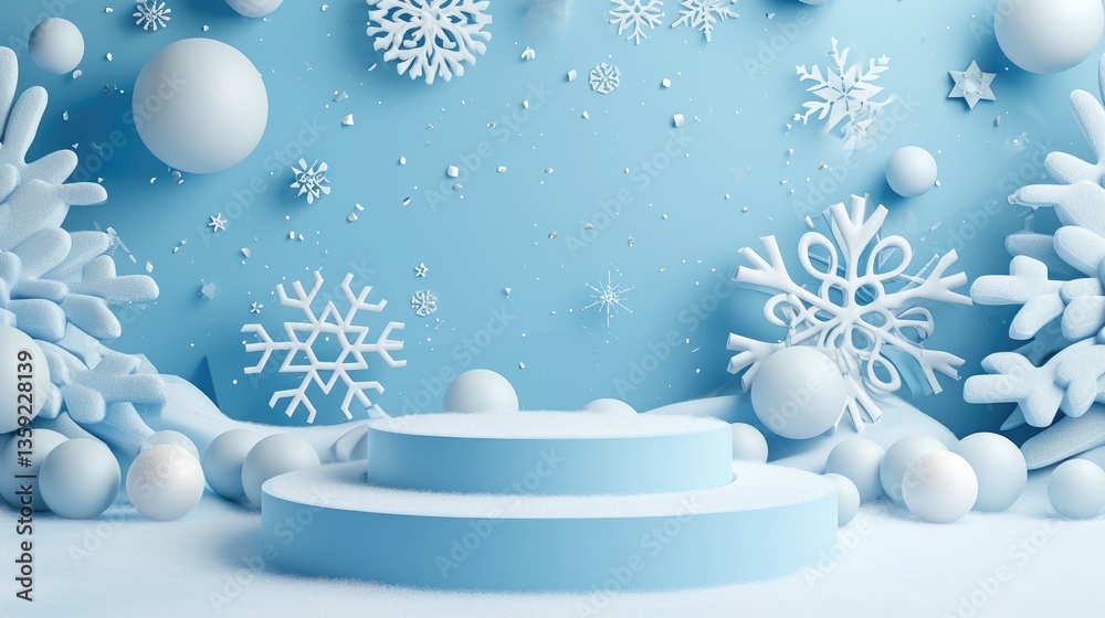 Two-tiered light blue podium surrounded by snowflakes and spheres.