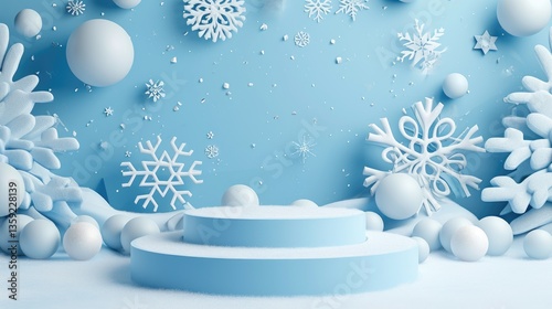 Obraz na płótnie Two-tiered light blue podium surrounded by snowflakes and spheres. w salonie