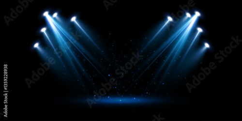Spotlights of bright blue light with isolated place for stage and presentations. Vector glowing spotlight light effect with transparent beams. 