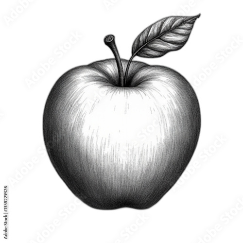 Realistic apple vector in monochrome sketch style with leaf detail on white background