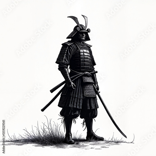 Samurai warrior vector in dramatic black and white sketch style with katana on white background