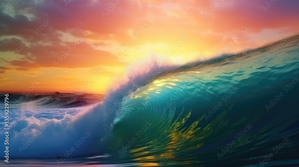 Obraz premium The close up picture of the ocean wave is waving in the sea water at the dawn or dusk time, ocean wave is disturbance on surface of the sea that generated by wind blows across surface of water. AIG51.