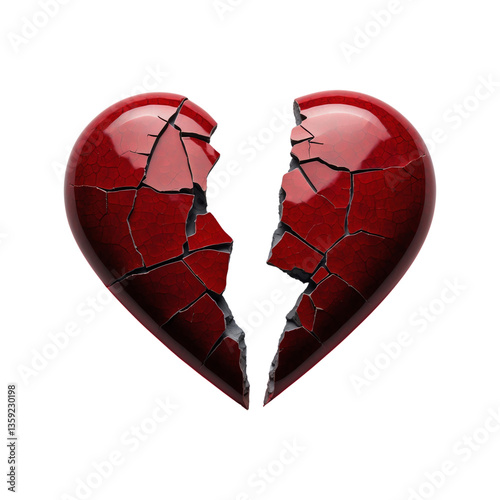 Broken heart with cracked texture and glowing red edges isolated on transparent background