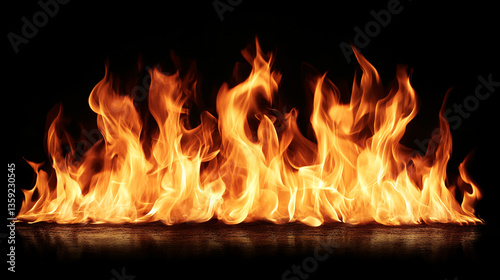 Fire flames isolated on black background, movement of fire flames