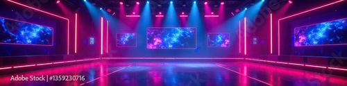 Bright lights and flashy game show set with colorful neon lights and bold graphics,  energy,  studio