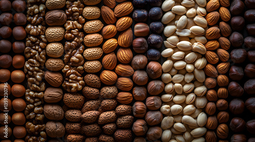 Nutty Variety: A meticulously arranged assortment of nuts, showcasing a rich tapestry of textures, colors, and shapes, offering a feast for the eyes and the palate.