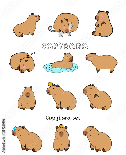 Cute kawaii capybaras set. Capybara characters, relaxing, swimming in the water, sleeping, walking. Vector doodles hand drawn, simple flat mascots collection isolated on white background.