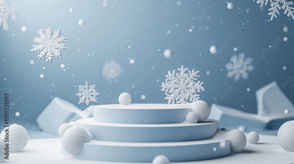 Minimalist platform adorned with snowflakes and snow-covered spheres against a light blue backdrop.