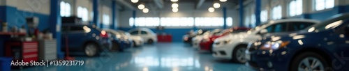Blurred background of a car service center auto repair workshop, with tools and equipment visible,  blurred,  workshop