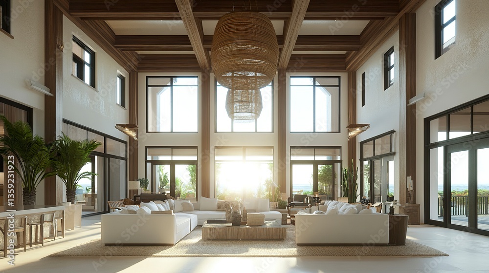 Fototapeta premium Elegant beach hotel lobby, soaring high ceilings with natural wood beams, large windows flooding the space with sunlight, modern coastal decor 