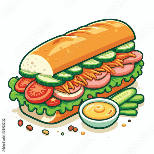 bread, baguette, meal, meat, fresh, food, background, cucumber, carrot, lunch, cuisine, coriander, sandwich, asian, traditional, vietnamese, pork, vietnam, sliced, closeup, cilantro, vegetable, street