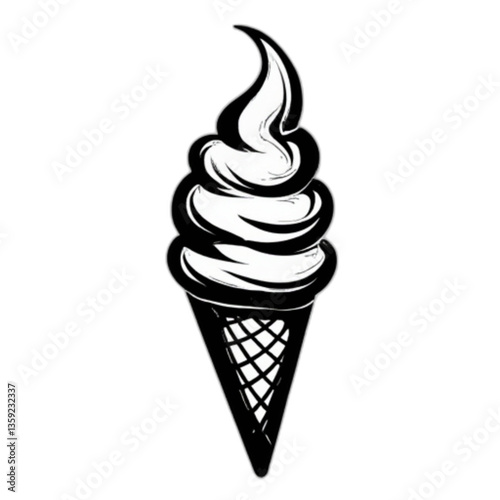Ice cream cone vector in simple black and white style with swirl shape on white background