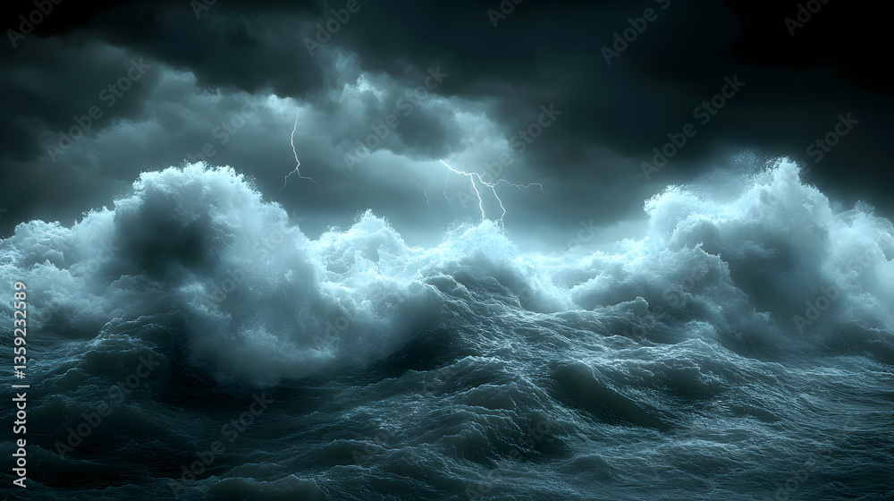 Fototapeta premium Raging Storm Over Ocean: A dramatic image of a stormy sea with dark, ominous clouds, showcasing the power and raw beauty of nature's elements, perfect for evoking a sense of awe and wonder. 