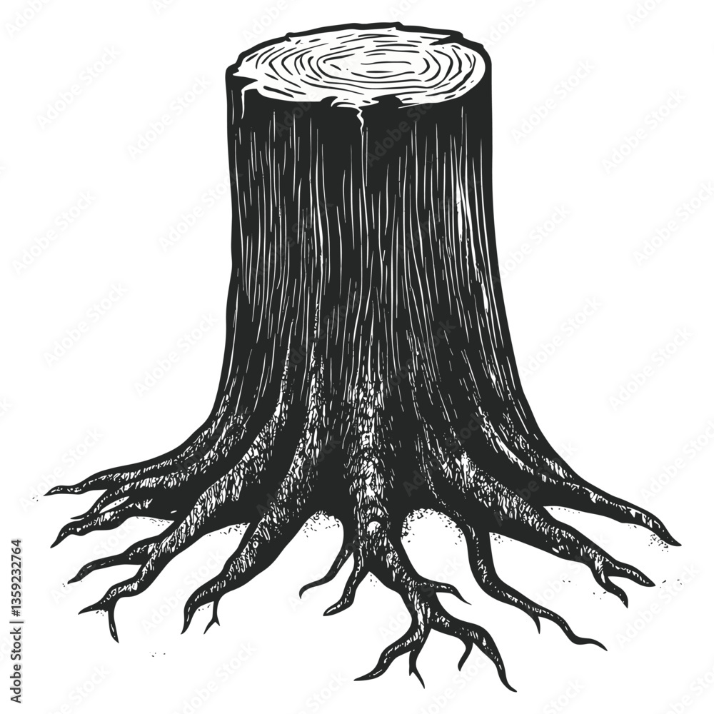 Ancient tree stump with roots illustration texture art vector