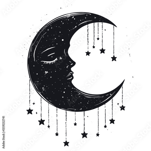 Crescent moon with dangling stars art illustration chandelier vector