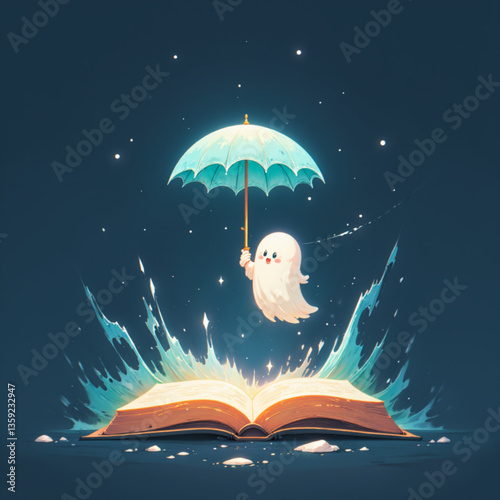 Magical book and umbrella vector in glowing fantasy style with blue light effects