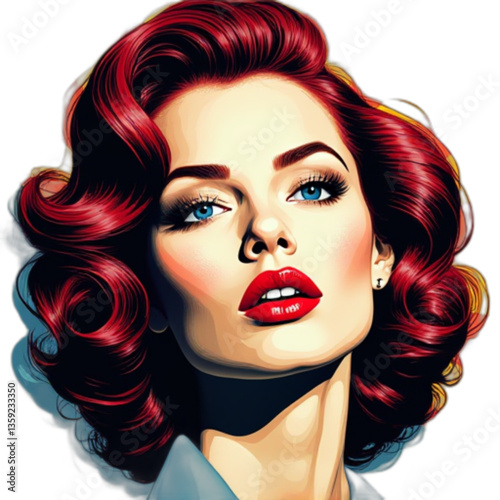 Retro woman portrait vector in pop art style with bold red lips on white background