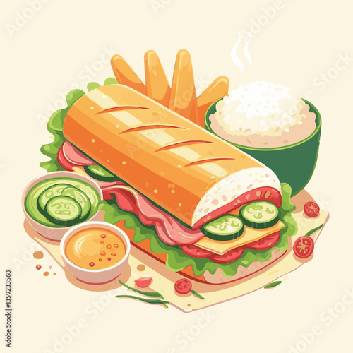 bread, baguette, meal, meat, fresh, food, background, cucumber, carrot, lunch, cuisine, coriander, sandwich, asian, traditional, vietnamese, pork, vietnam, sliced, closeup, cilantro, vegetable, street