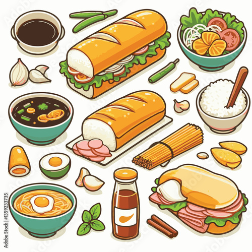 bread, baguette, meal, meat, fresh, food, background, cucumber, carrot, lunch, cuisine, coriander, sandwich, asian, traditional, vietnamese, pork, vietnam, sliced, closeup, cilantro, vegetable, street