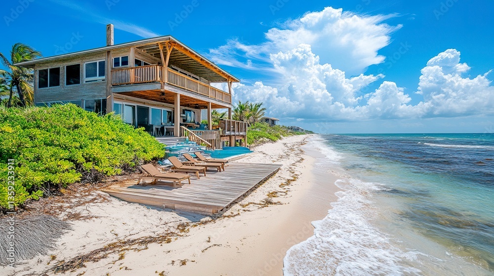 Obraz premium Elegant high-end beach house, spacious deck with oceanfront dining area, private access to turquoise waters 