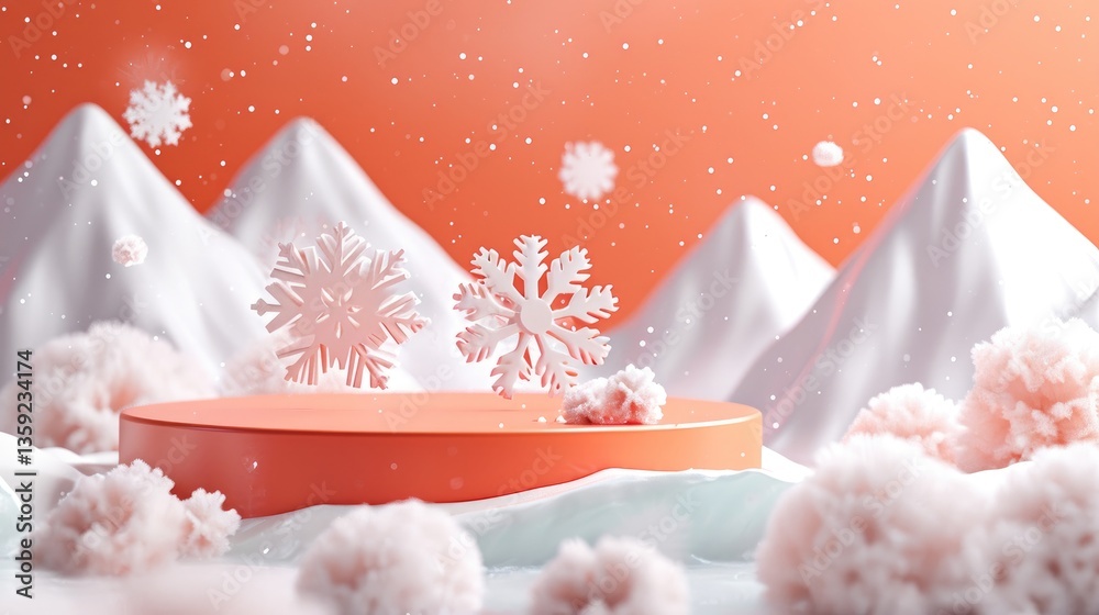 Two white snowflakes hover above a coral platform nestled amongst stylized snow-covered mountains and fluffy clouds