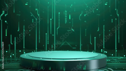 Obraz na płótnie Futuristic Green Circuit Platform Display Stand. circular display stand sits atop a green circuit board background w salonie