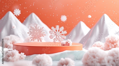Two white snowflakes hover above a coral platform nestled amongst stylized snow-covered mountains and fluffy clouds