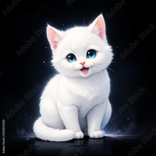 White kitten vector with magical sparkle on black background in fantasy style
