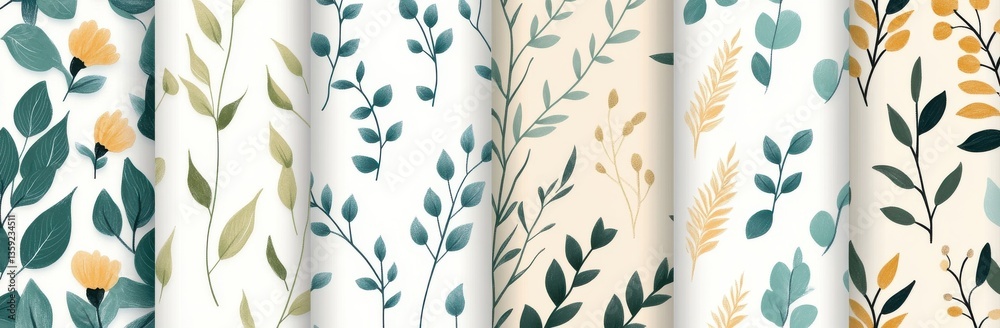 Set of seamless patterns showcasing leaves with elegant and natural designs Set of seamless patterns showcasing leaves with elegant and natural designs