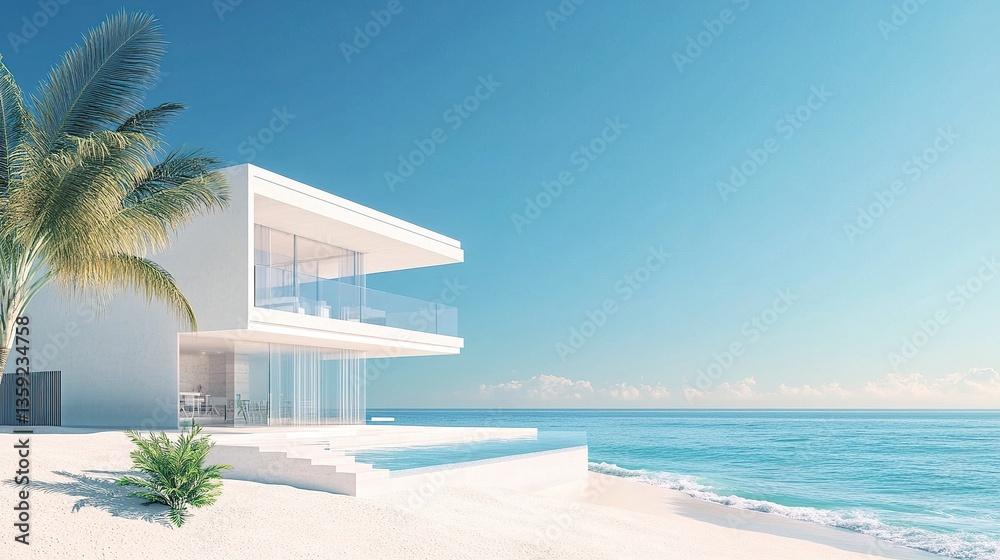 Fototapeta premium Elegant modern beach house, crisp white facade with open spaces, palm trees and golden sand meeting turquoise waves, clear skies enhancing the scene 