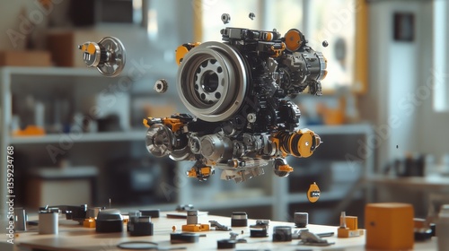 An exploded view of a futuristic car engine with individual parts floating in a high-tech lab