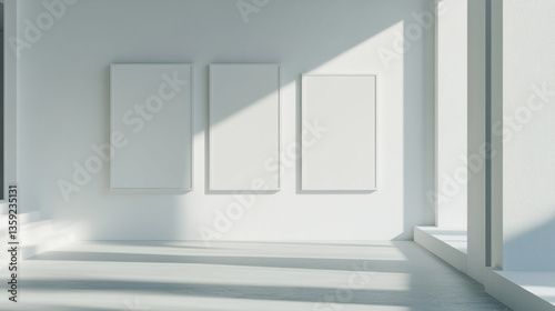 A large blank frame hangs on a white wall in a minimalist room. Minimalist Art Gallery Backdrop with Empty Frames