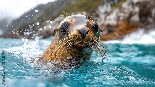 Sea Lion's Gaze: A sea lion emerges from the waves, its expressive eyes captivating viewers and showing the raw beauty of the aquatic world. 